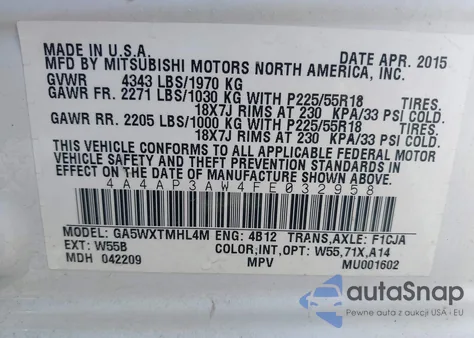 2015 Mitsubishi Outlander Sport Es из США, поврежденный, VIN 4A4AP3AW4FE032958